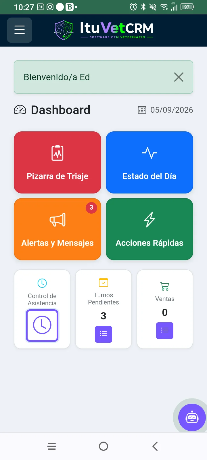 Dashboard compacto en el celular ItuVetCRM