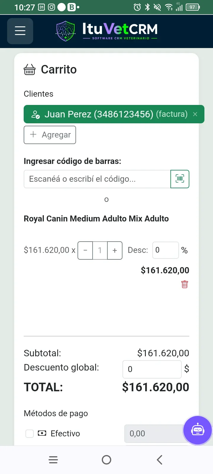 Punto de venta en el celular ItuVetCRM