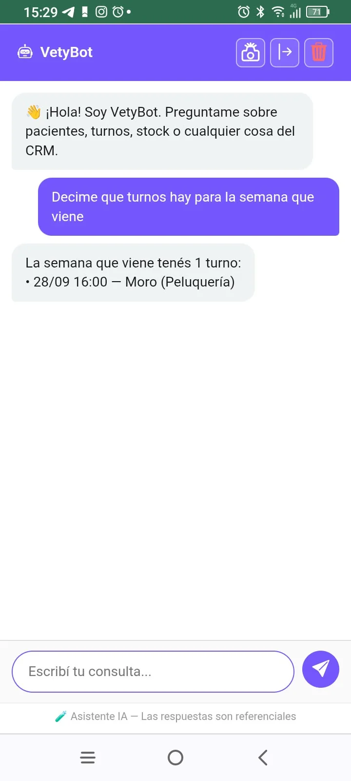 Consulta de turnos por chat en el celular ItuVetCRM