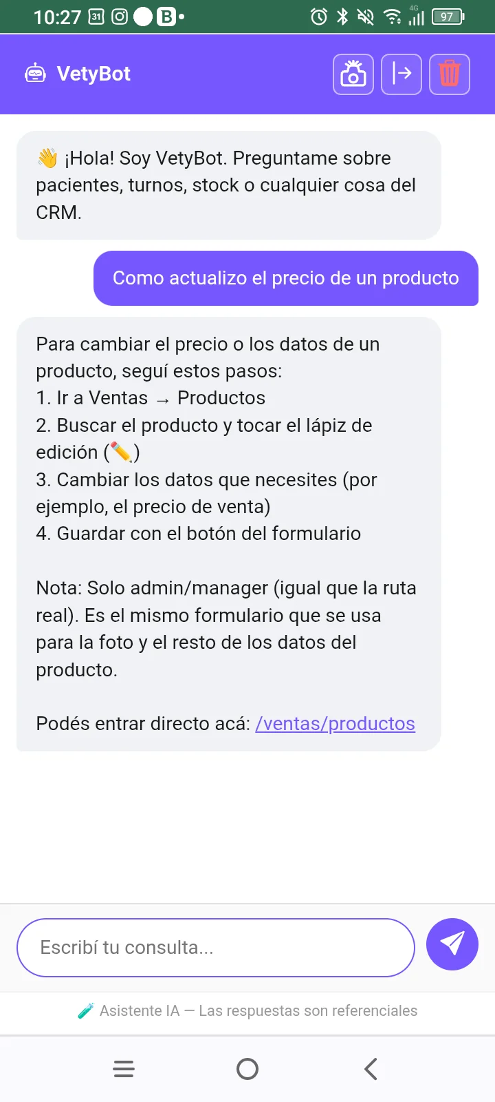 VetyBot respondiendo consultas en el celular ItuVetCRM