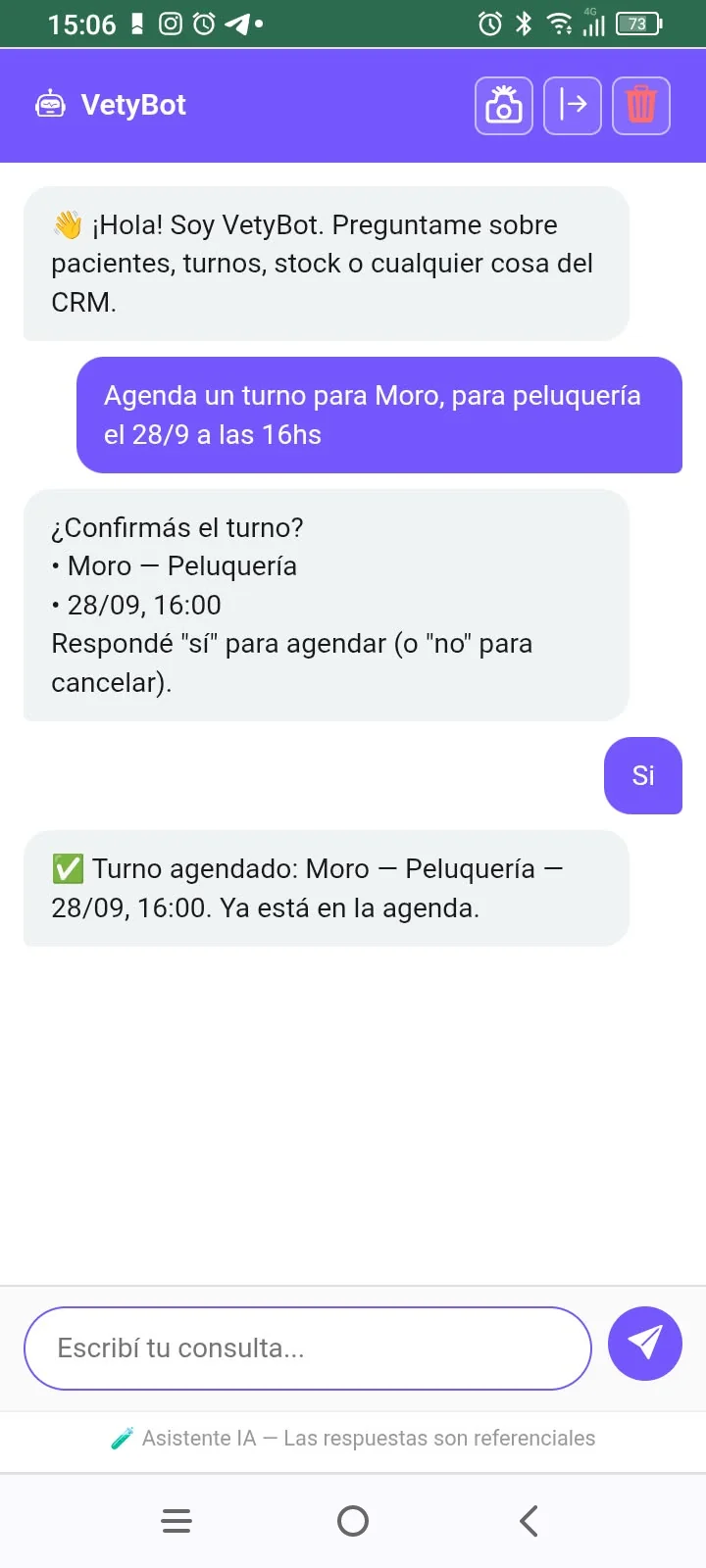 Pedido de turno por chat en el celular ItuVetCRM