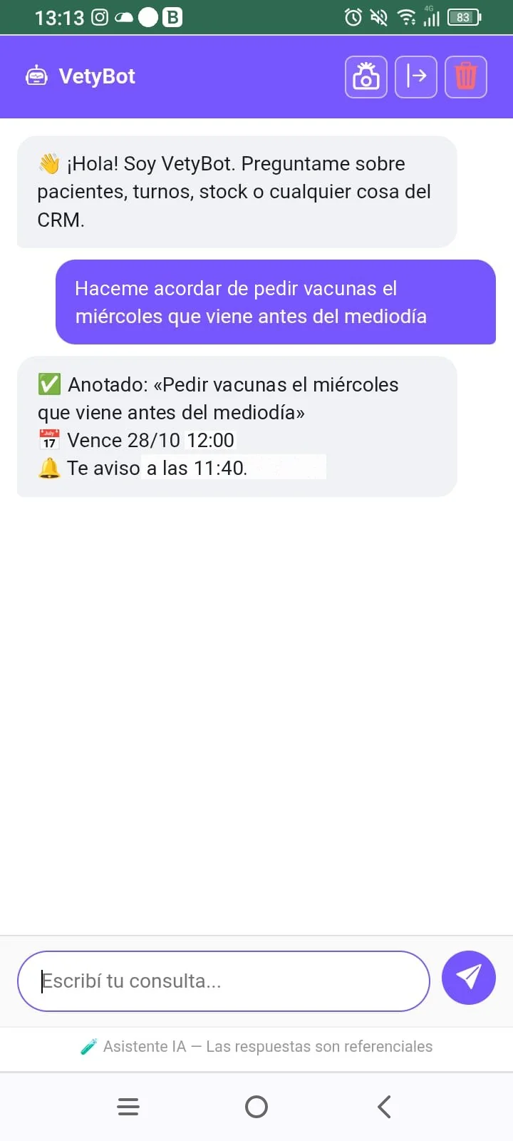 Recordatorio de vacunas creado por chat con VetyBot en el celular ItuVetCRM