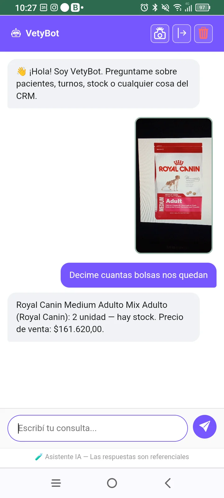 Consulta de stock por chat en el celular ItuVetCRM